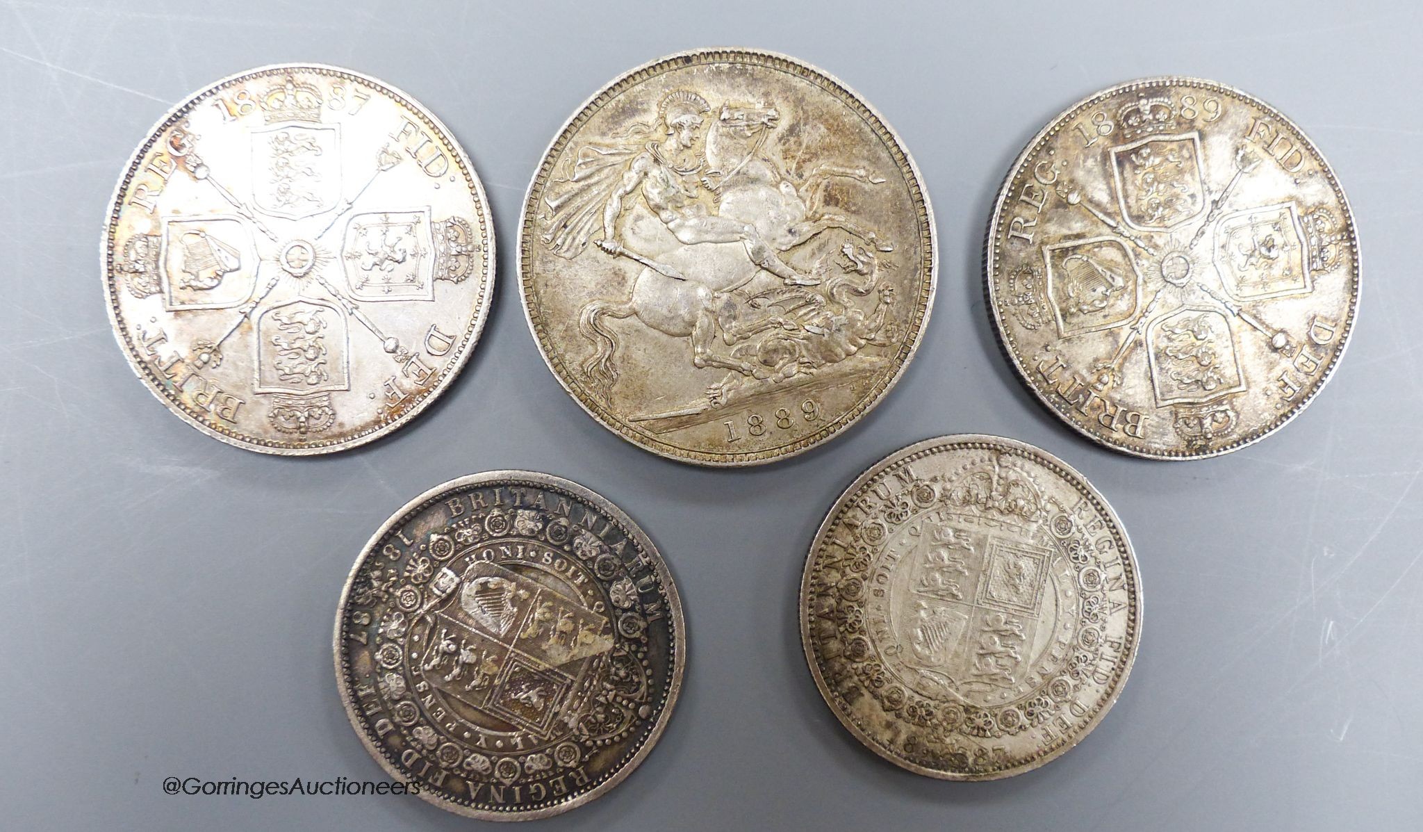 Victoria silver coins - crown 1889, good VF, two double florins, 1887, AEF and 1889, good VF, and two half crowns 1887, F and VF (5)